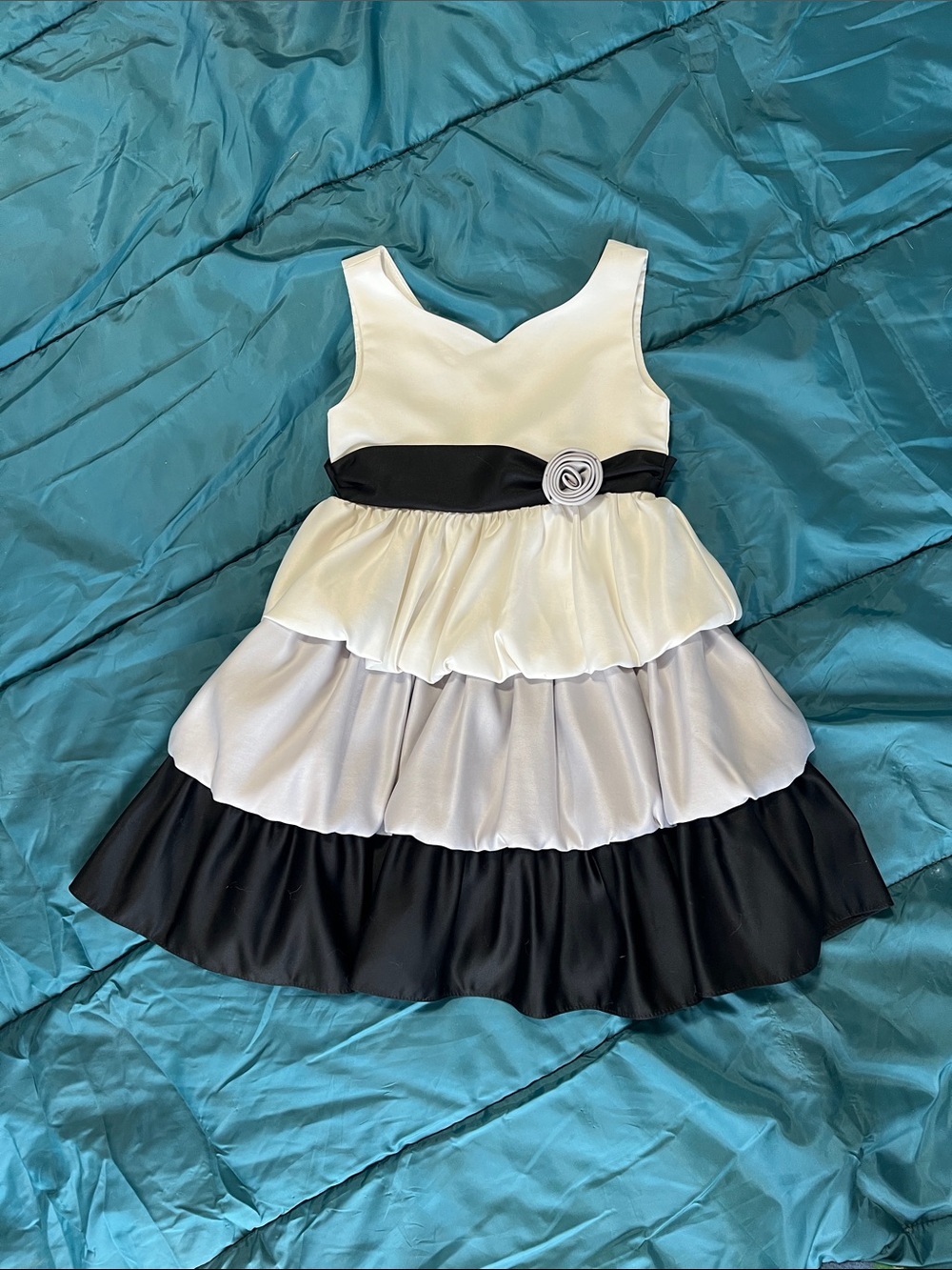 Girls' Tiered Satin Party Dress with Black Sash